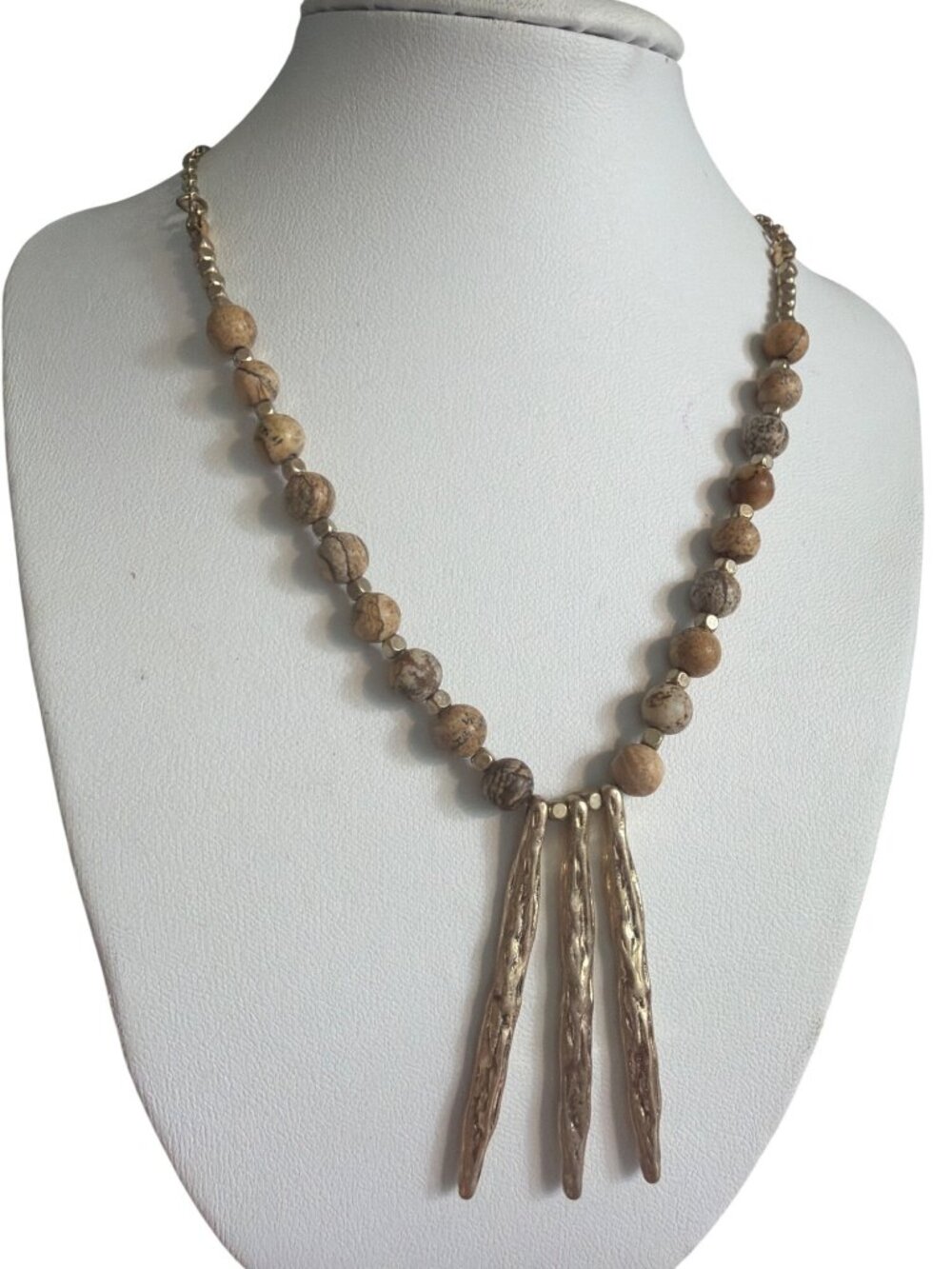 Gold Tone Jasper Bead Spiky Pendant Necklace Earthy Dangles Boho Adj 21.5"